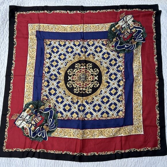 Vintage Silk Baroque Holiday Scarf | Navy, Gold, Red | Jujus Vintage Find - Picture 2 of 10